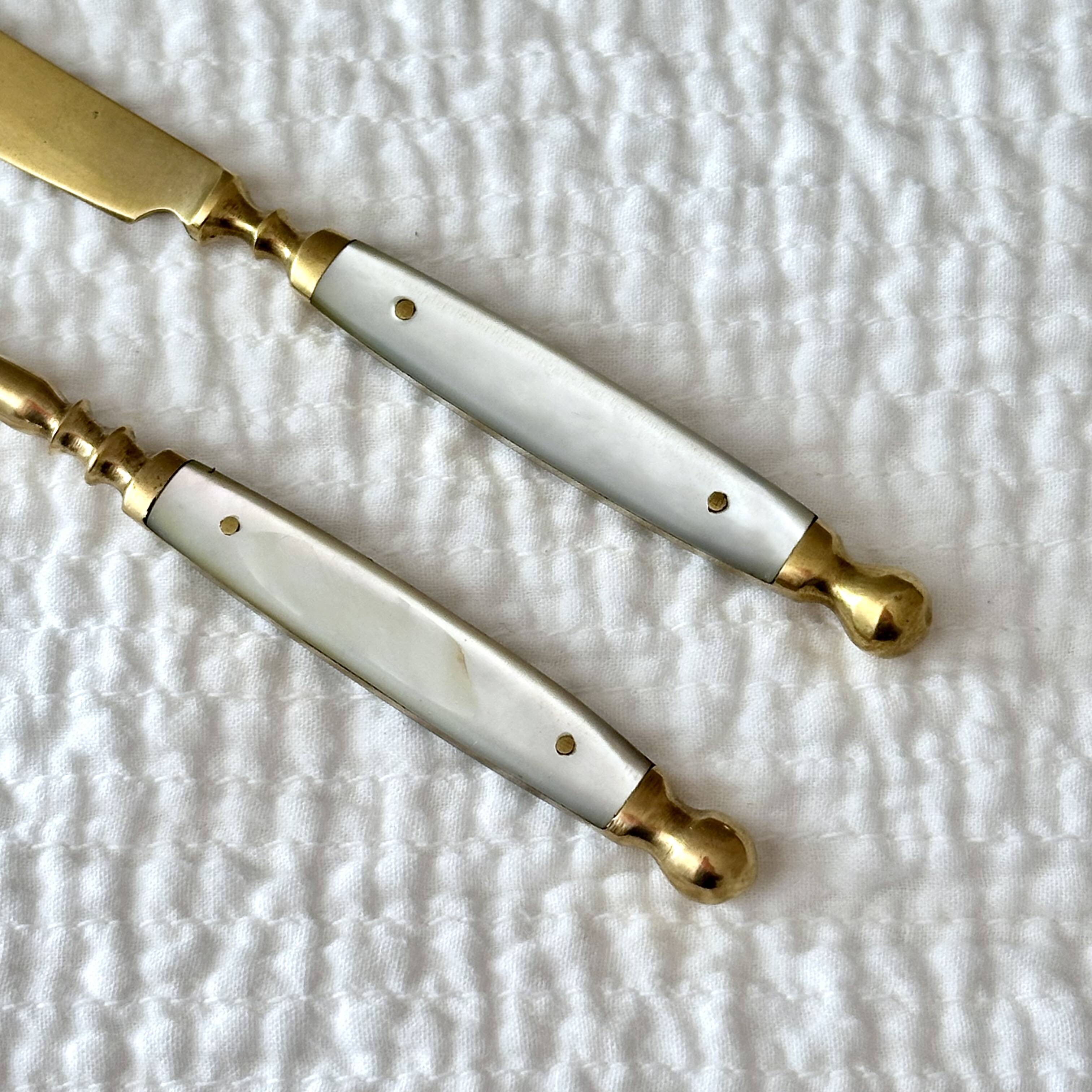 Antique Fruit Cutlery Set for 6 · Brass & Mother-of-Pearl · Original Box