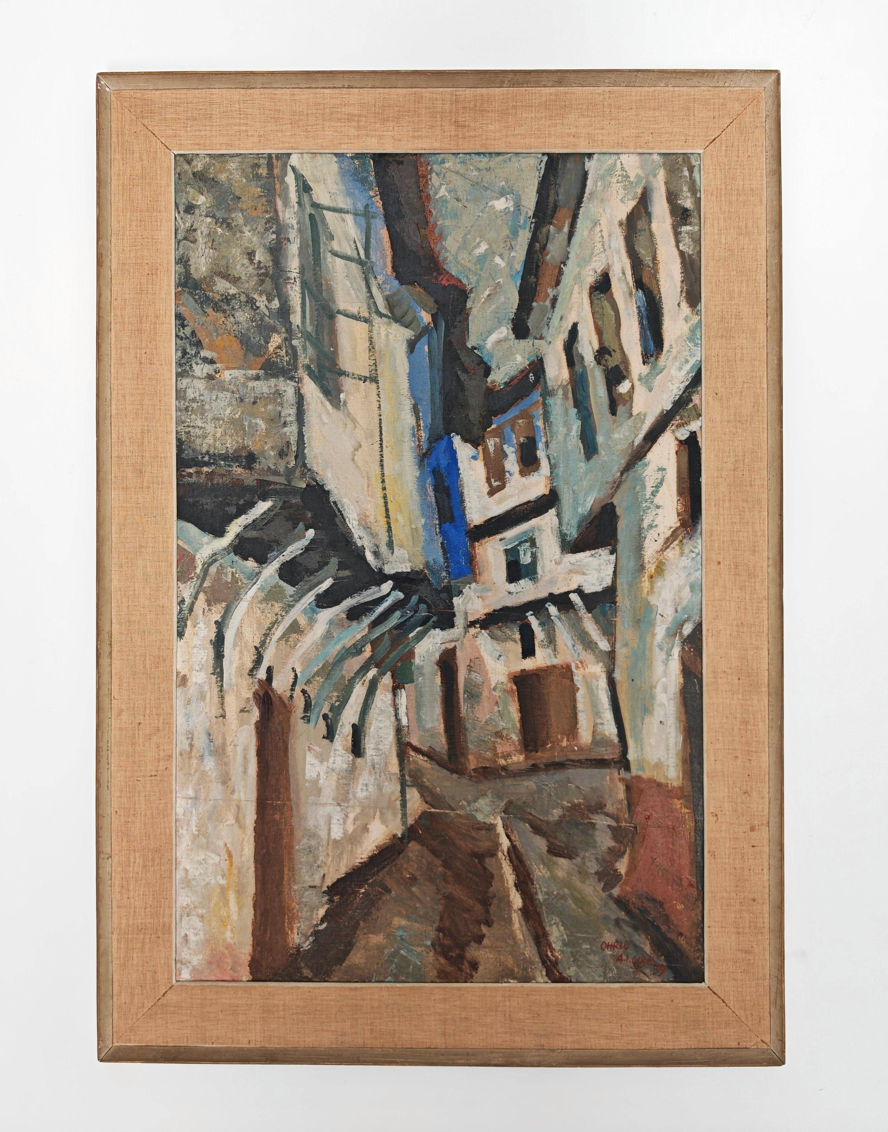 Modernist oil on canvas "Ohrid" by Aleksandar Jeremic Cibe, 1959