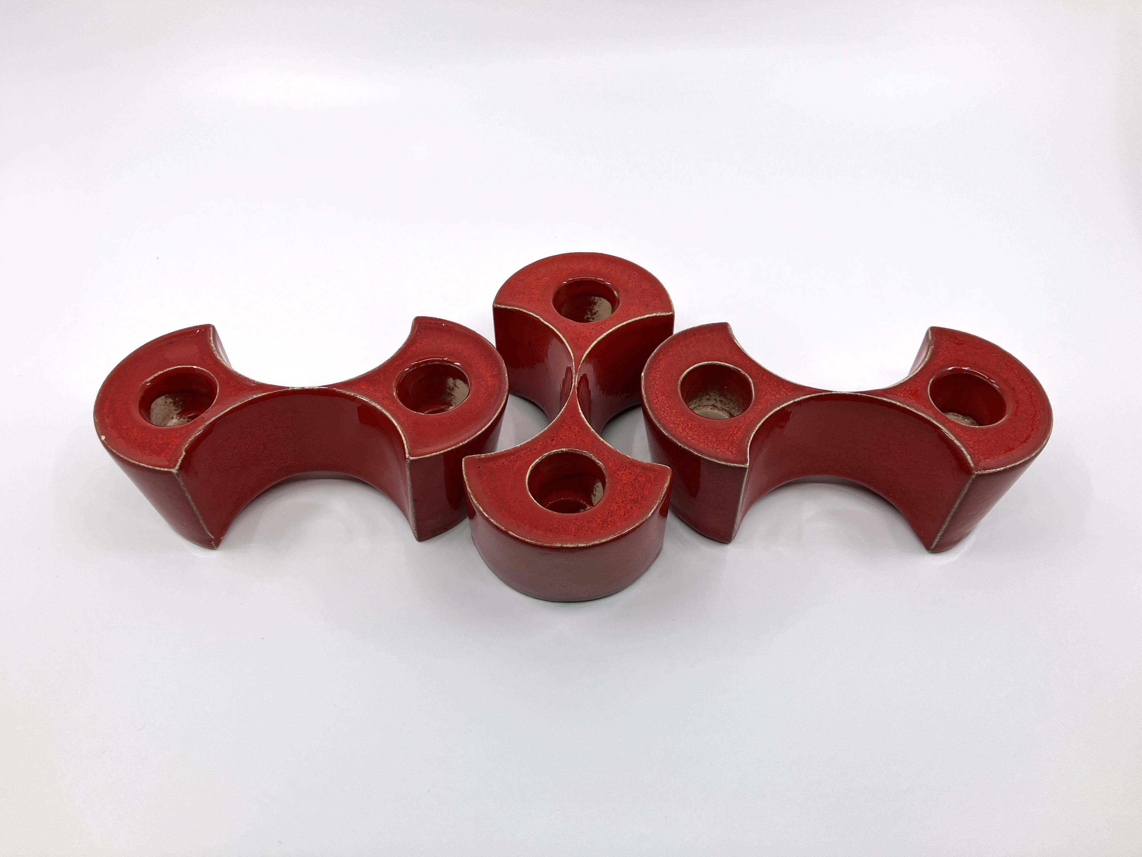 3 red ceramic candlesticks • Cari Zalloni • Steuler • 1970