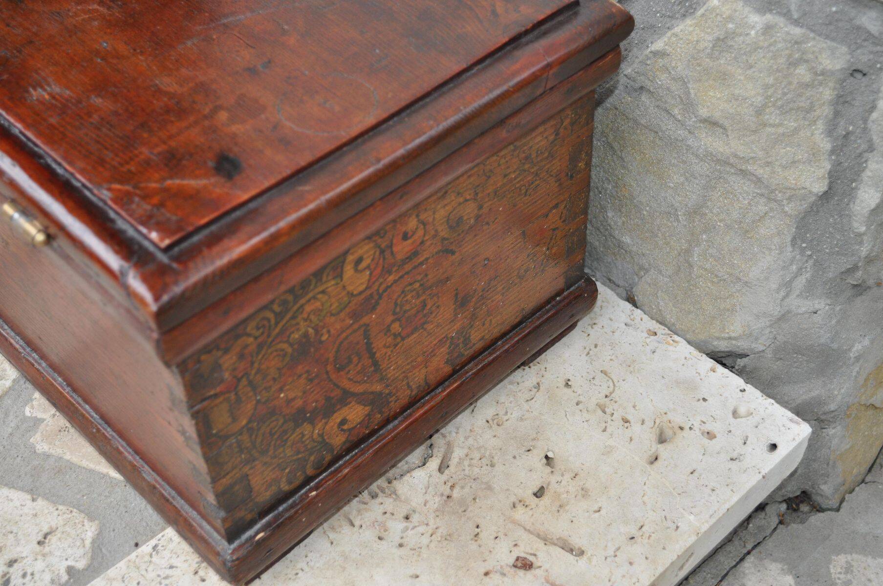 Antique brown pine chest, original paint visible, Czech Republic 1890-1919