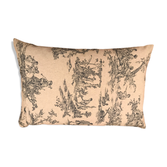 Coussin rectangulaire toile de jouy bleue