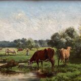 Vaches au pâturage, huile sur toile, tableau ancien