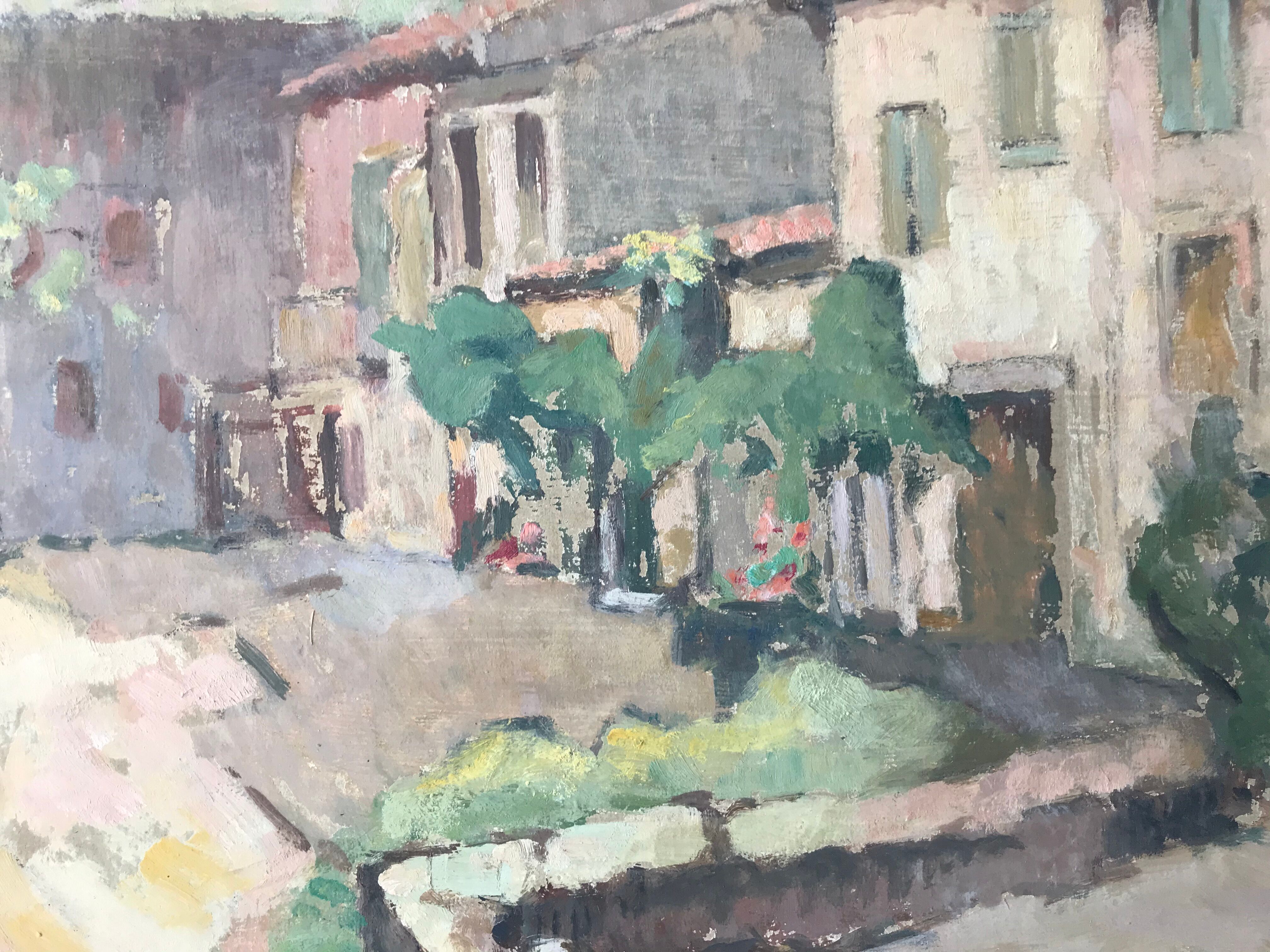Old painting oil on cardboard peasant village