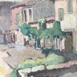 Old painting oil on cardboard peasant village