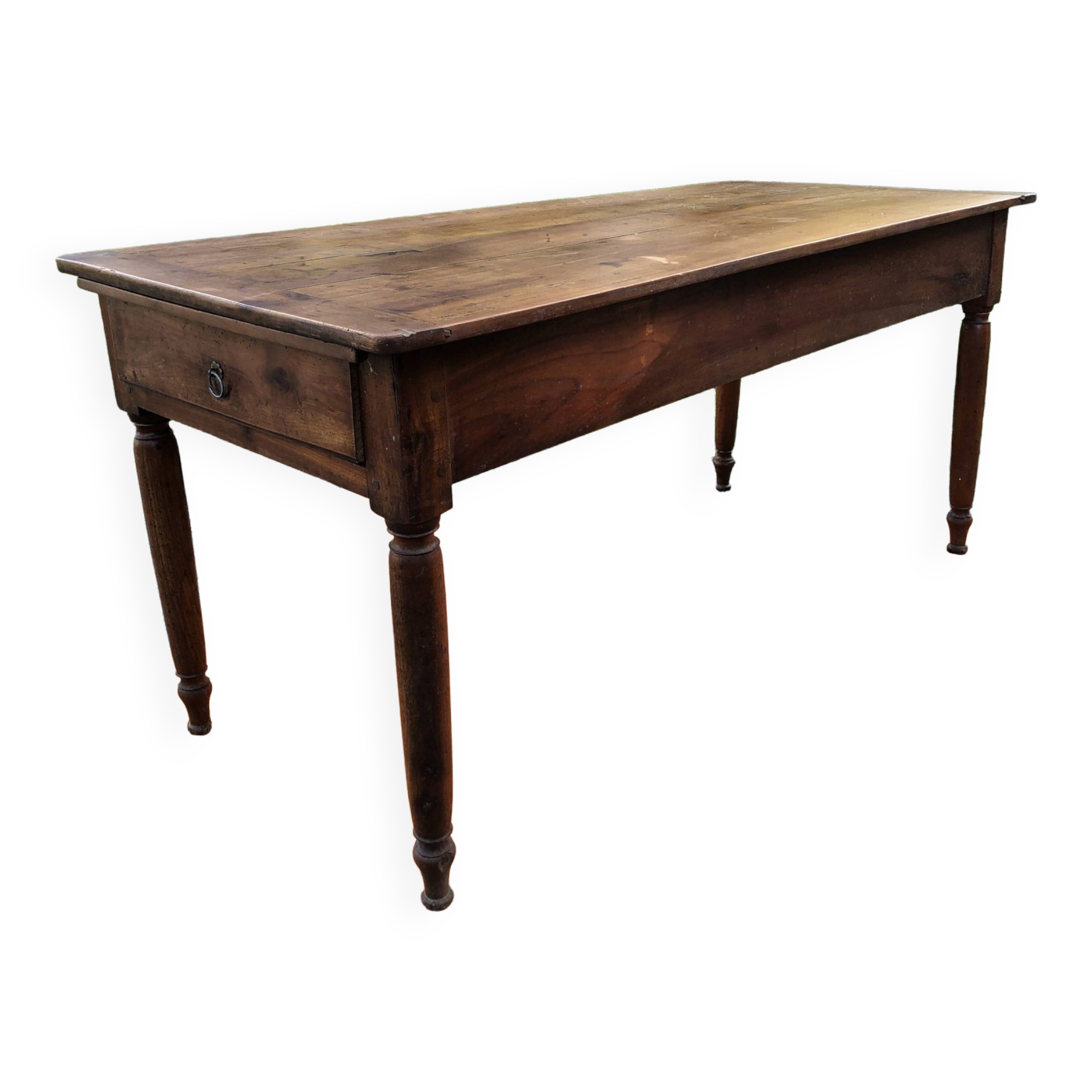 Antique cherry wood farm table with turned base with 2 drawers and 1 pull