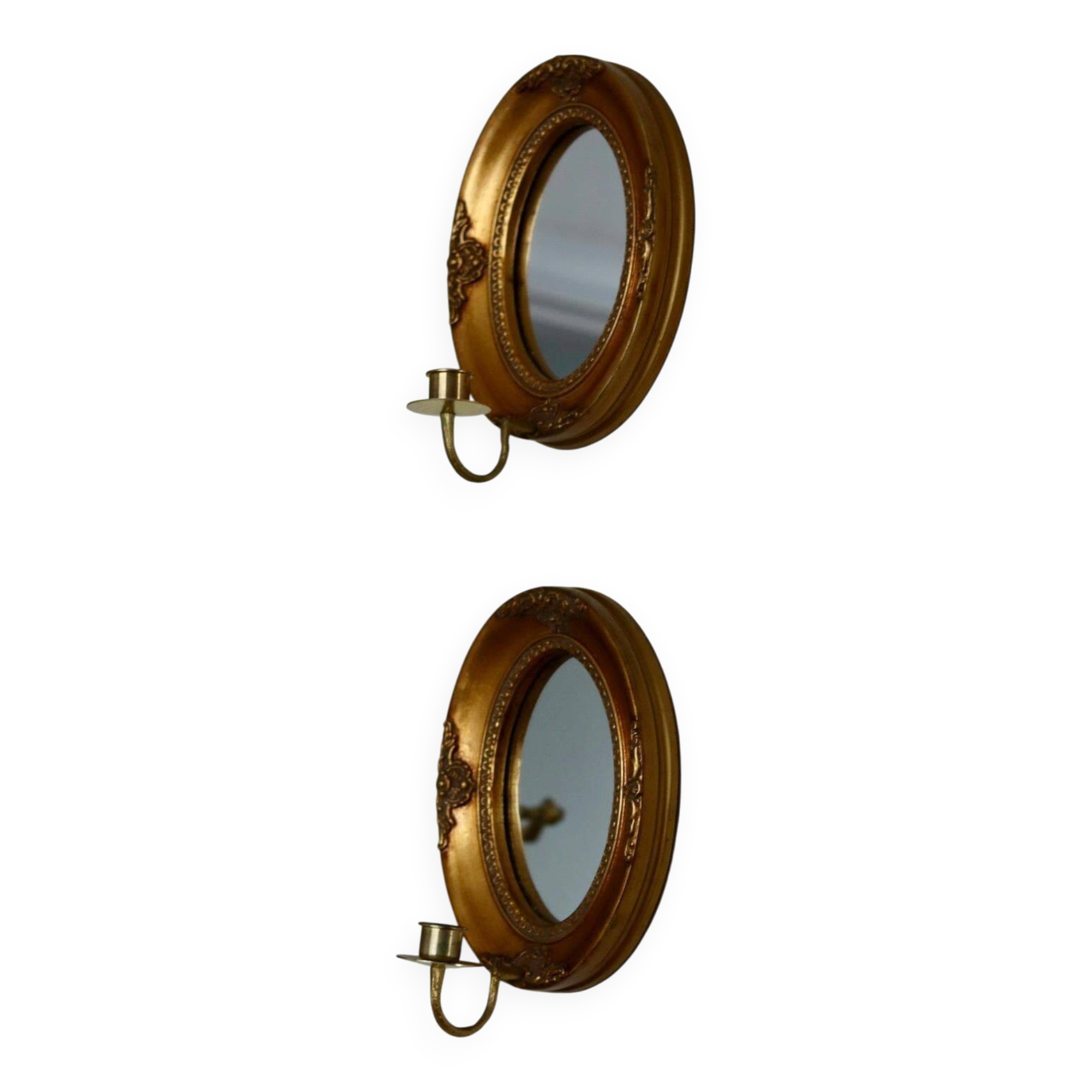 Pair of Mid Century Swedish Gilded Wooden Sconces with Mirror