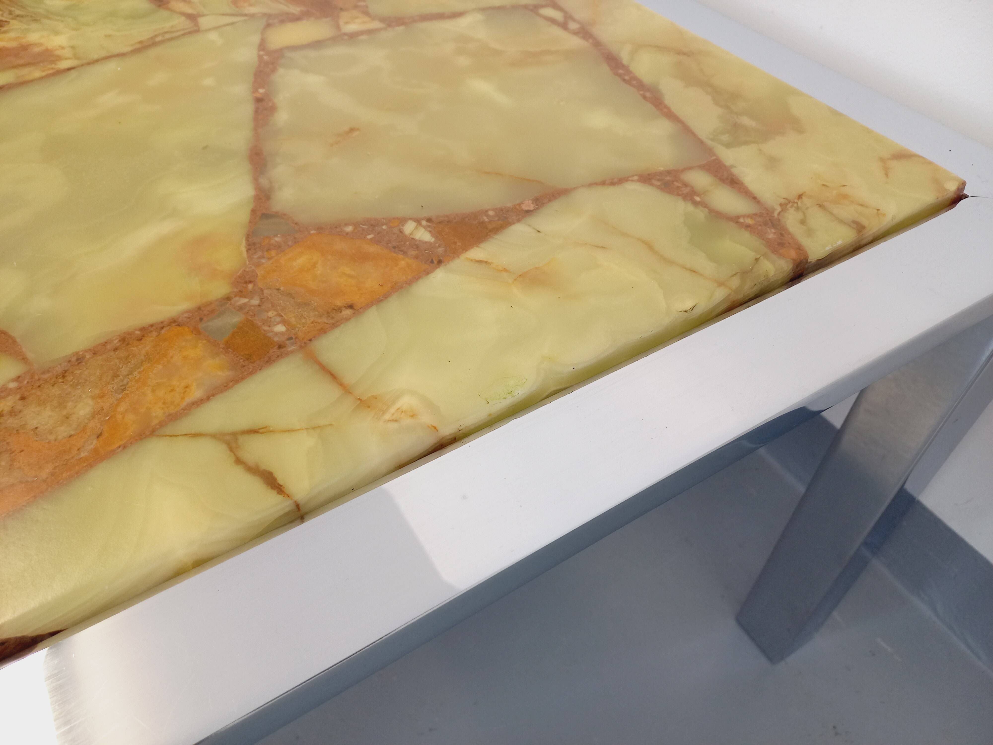 Large vintage coffee table in chrome metal, yellow onyx stone and resin from the 70s