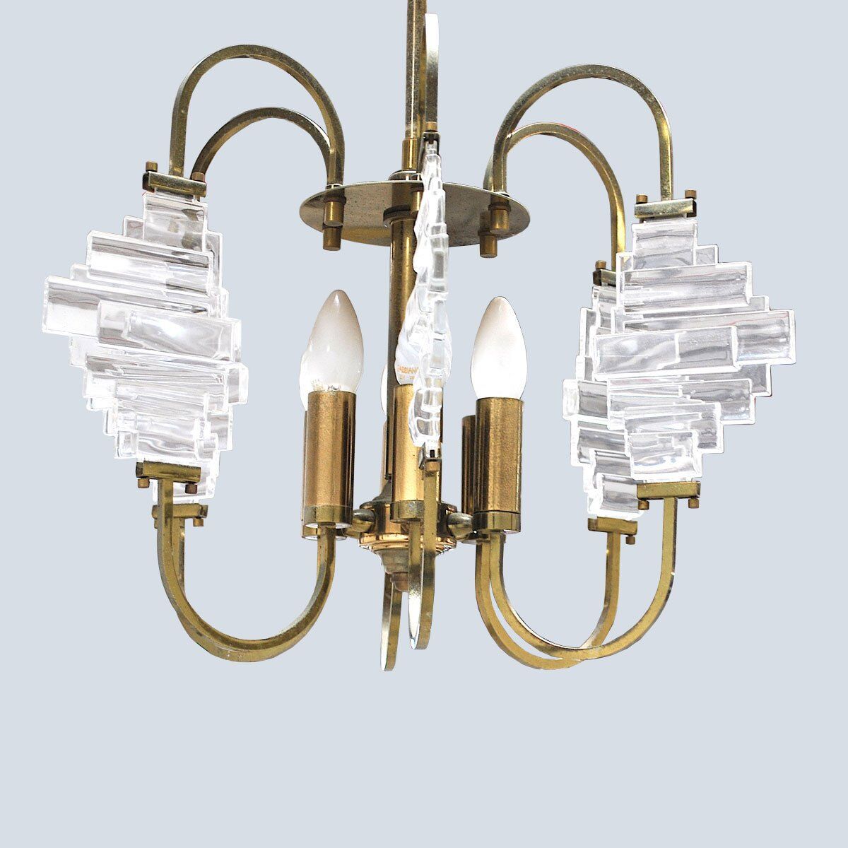 Ceiling lamp in brass and glass in the style of Angelo Brotto, 1950s.