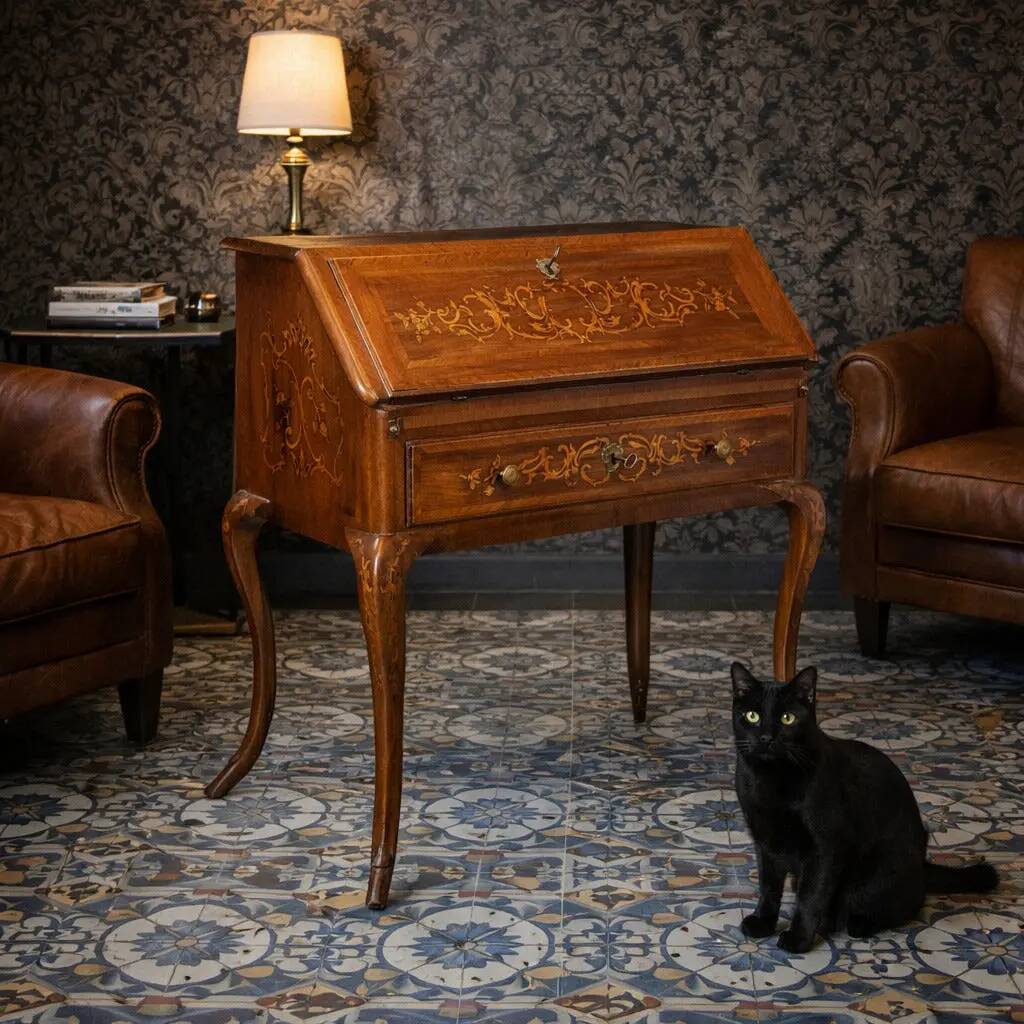 Antique writing desk in walnut with drawers and inlays, Italy, 18th century.
