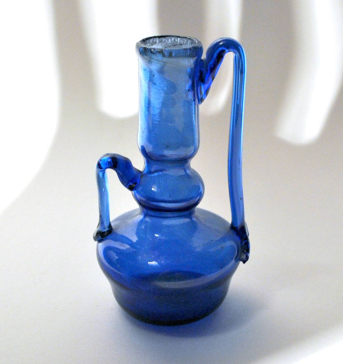 Antique blue blown glass candle holder ras de cave vase folk art 19th c.