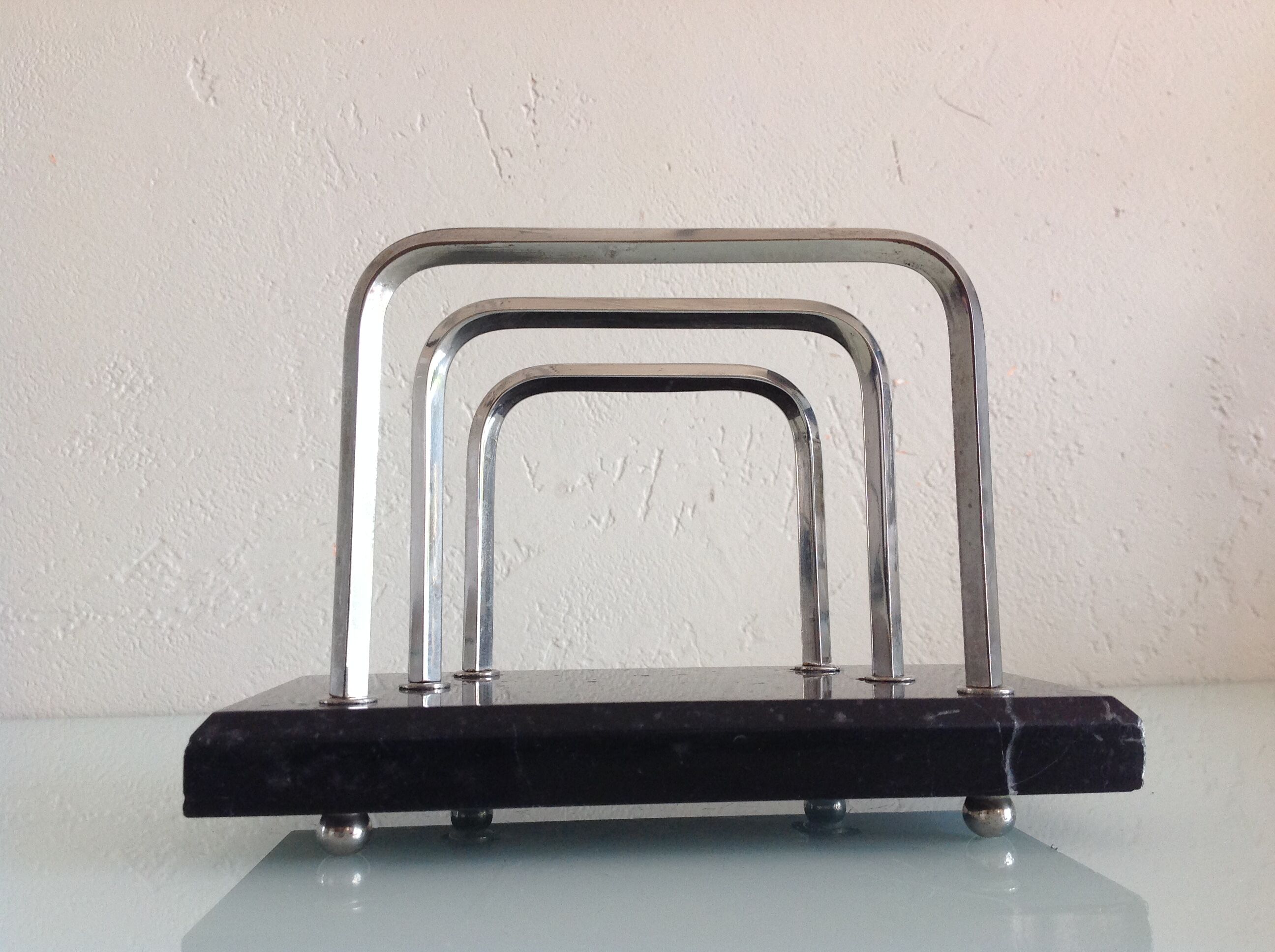 Letter holder in black marble and chrome metal art deco style