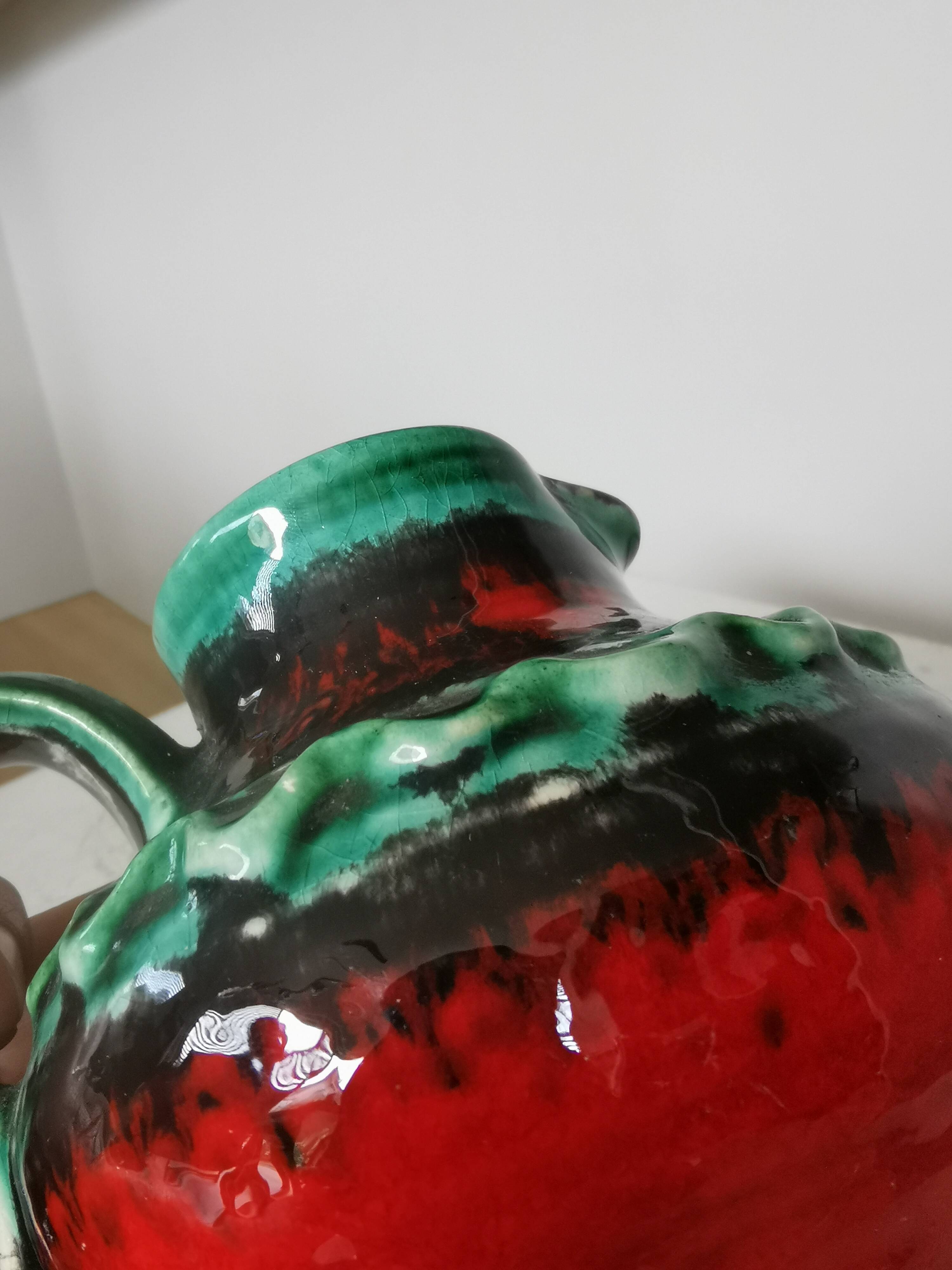 Fat Lava Pitcher Vase: Red Black Green Glaze, West German Pottery