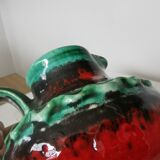 Fat Lava Pitcher Vase: Red Black Green Glaze, West German Pottery