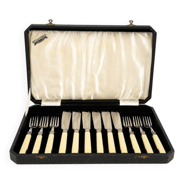 Ensemble de service à poisson vintage de Sheffield pour 6 – Poignées en os véritable – Argent sterling