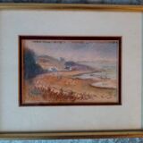 Ancien tableau au pastel decor de port breton en automne signe antoine dugois