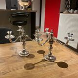 Pair of candelabra, three silver-plated metal lights