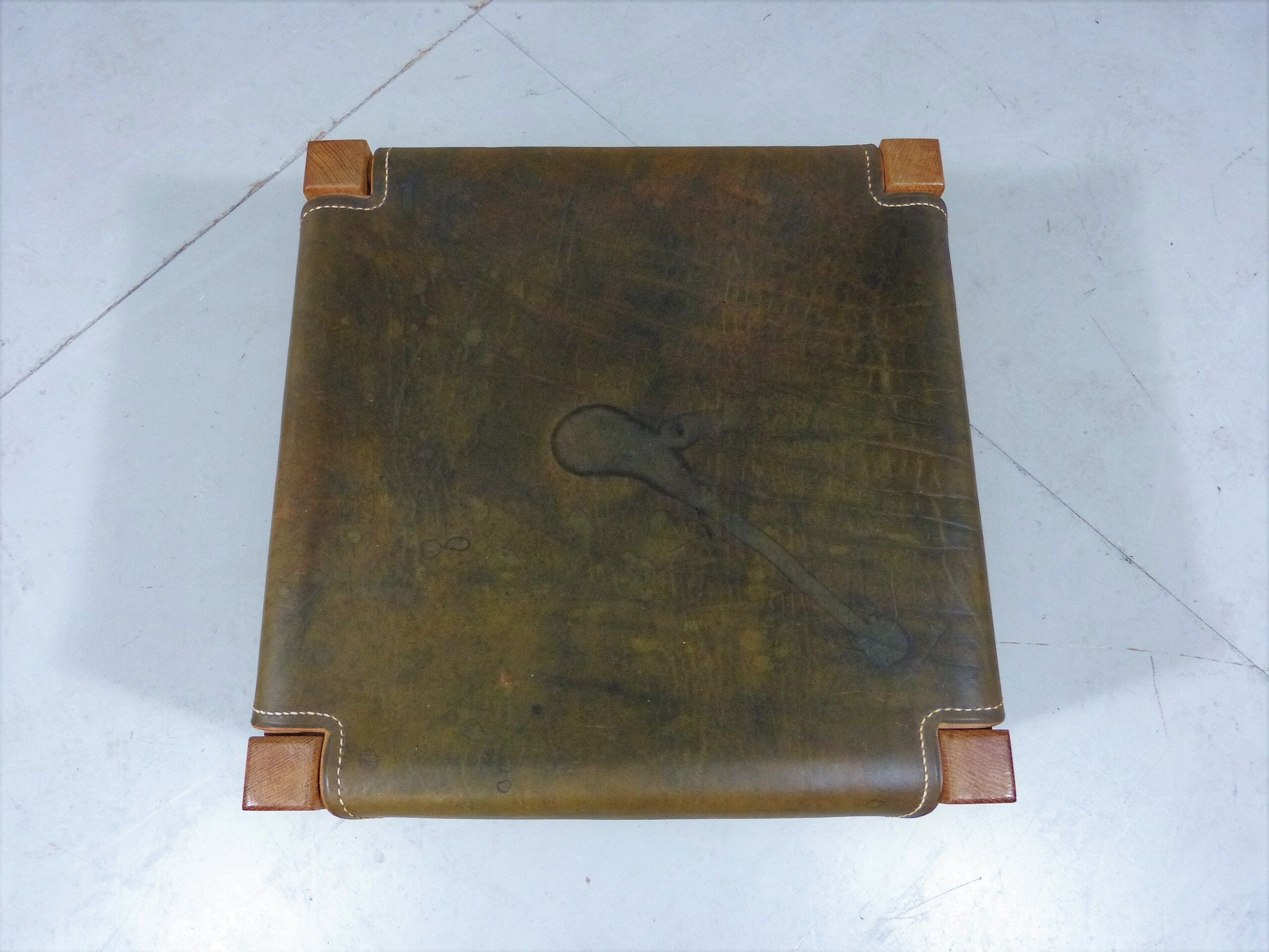 Wooden stool with saddle leather seat, 1970-80’s