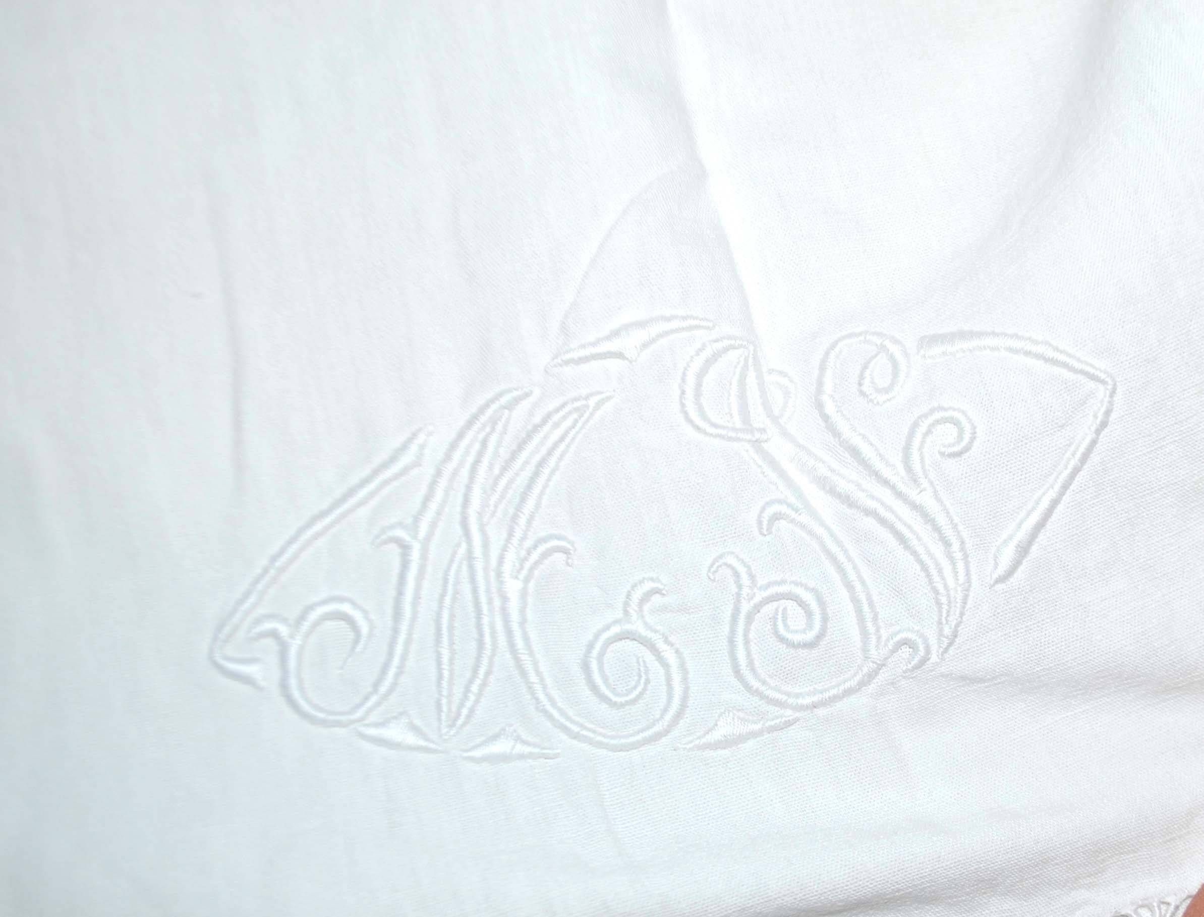 Old linen tablecloth with MN monogram and openwork 230x250cm *M7*