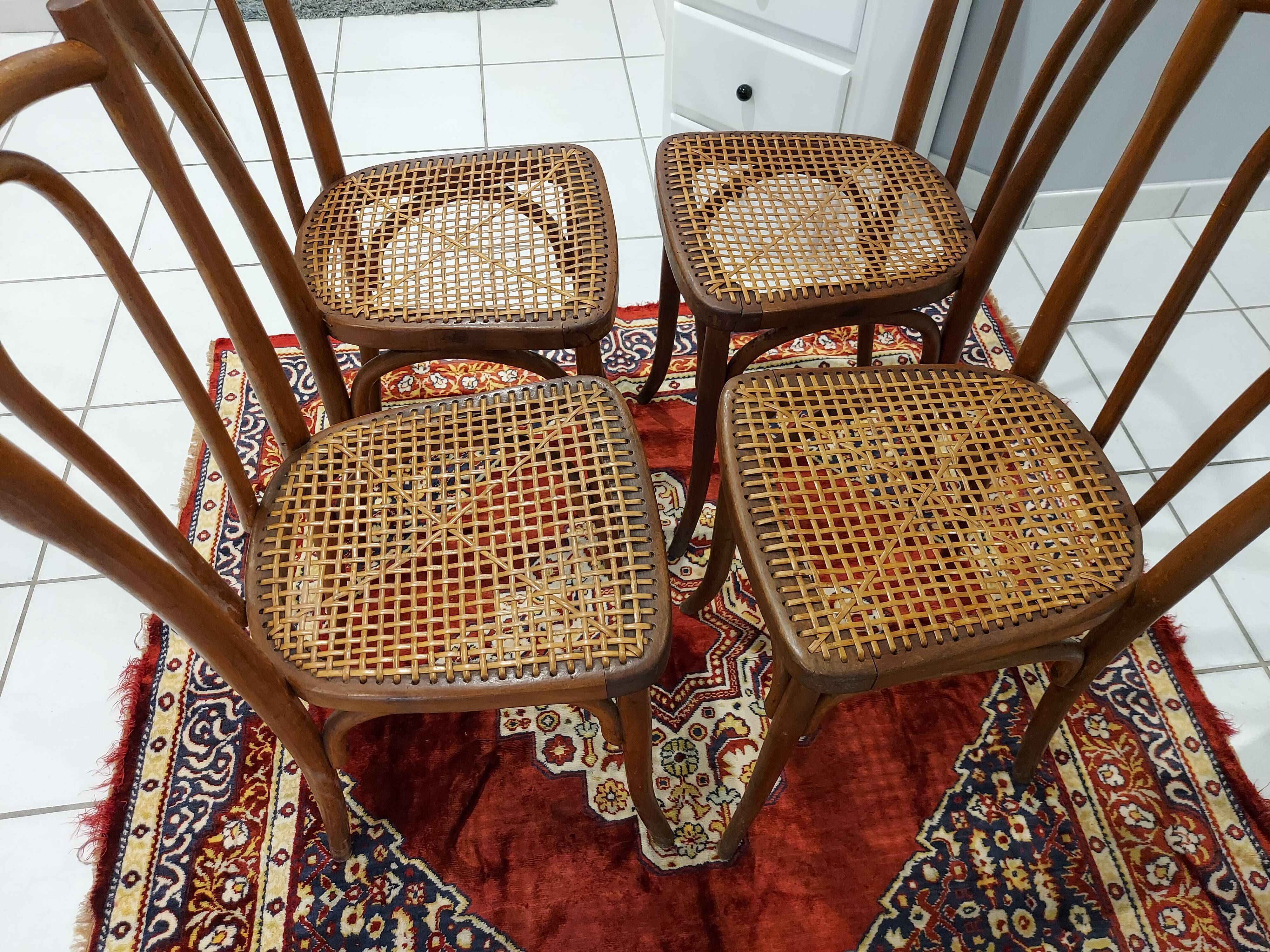 Suite of 4 chairs of Bistrot cannage Japy Frères 1920s
