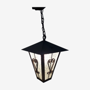 Old entrance lantern - Hammered glass and wrought iron - 1950