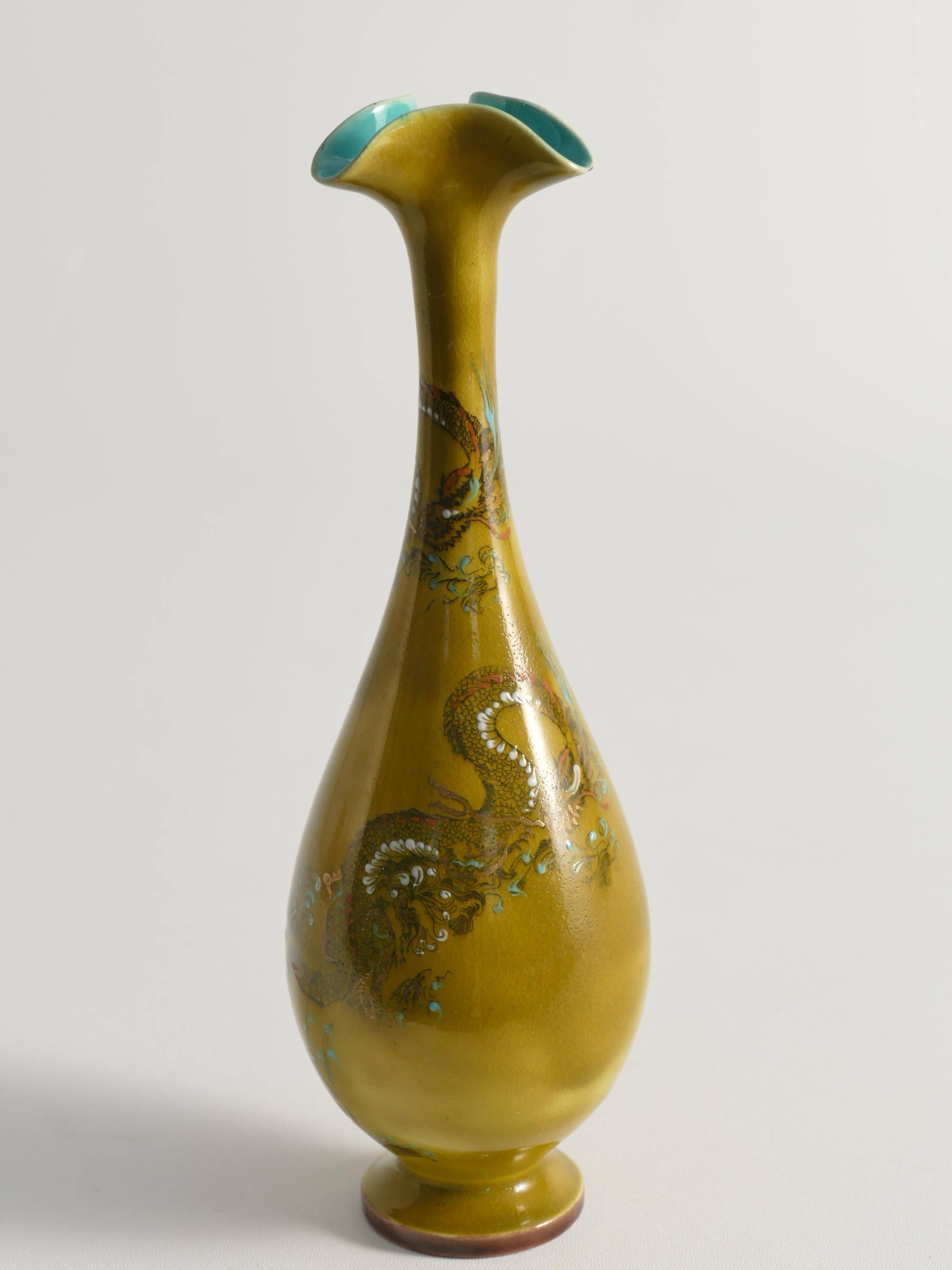 Chinoiserie Ochre Yellow Dragon Vase by Lambeth Doulton Faience, England 1880s
