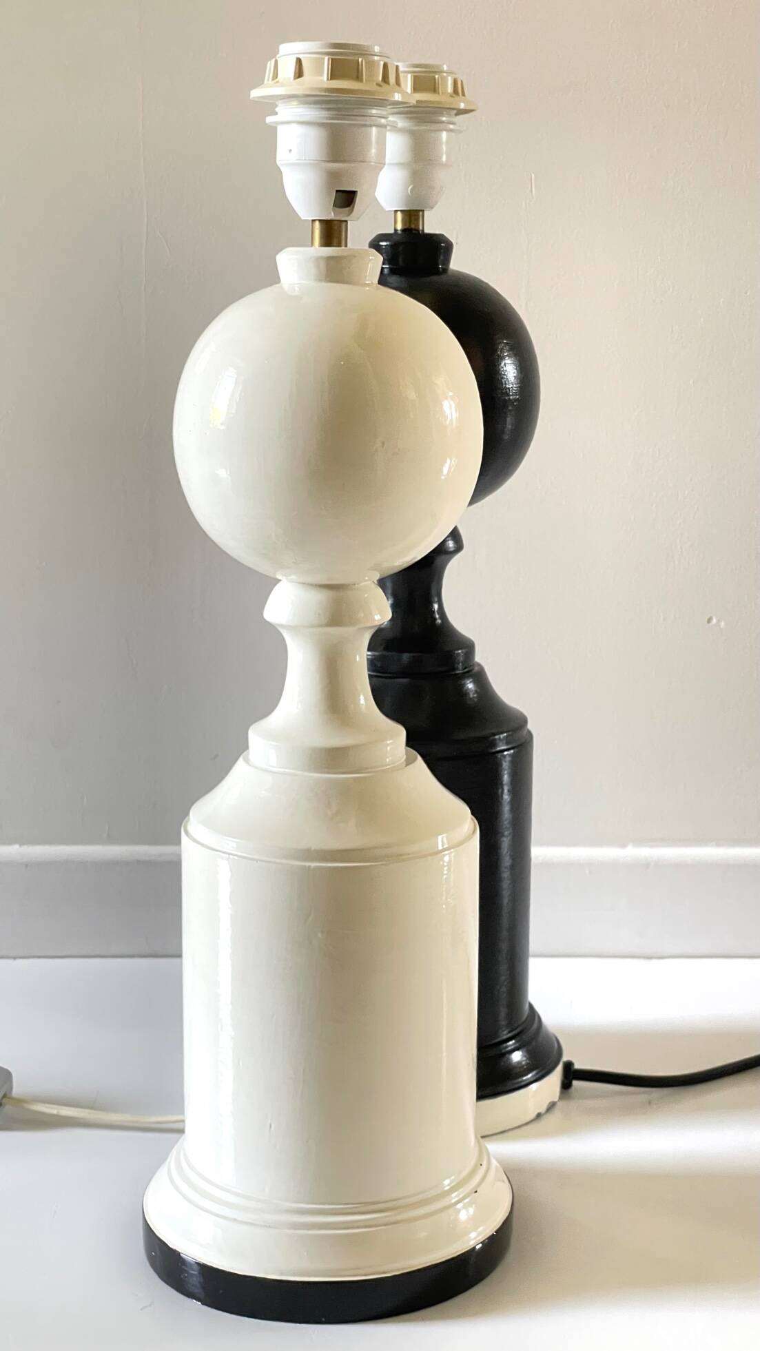 2 large black and white turned wood vintage lamp bases.