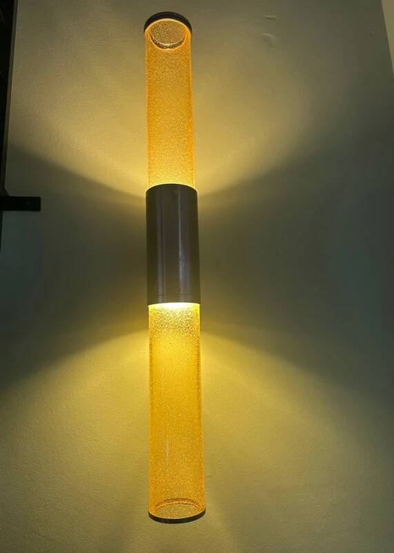 Pair of monumental wall sconces (77 cm) in steel and amber bubbled glass – Italy, circa 1970