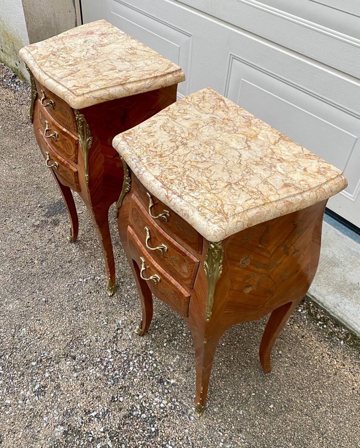 Pair of Louis XV style bedside tables with rosewood marquetry