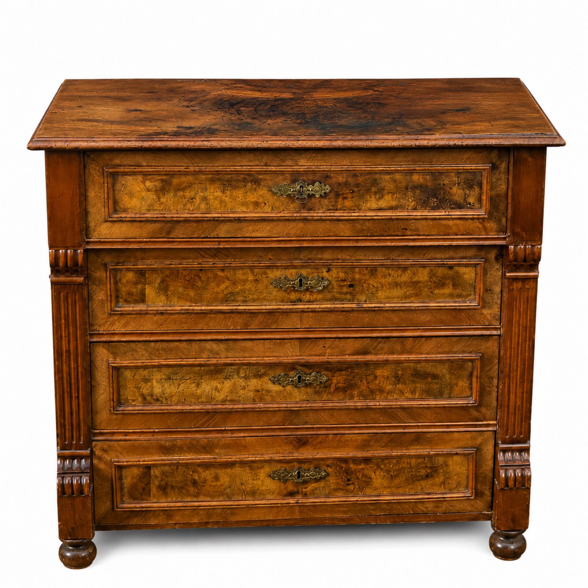 Commode ancienne 4 tiroirs style Louis-Philippe Bois et ronce de Noyer