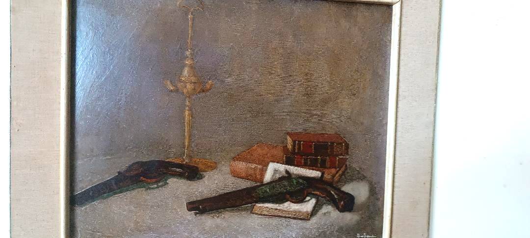 Oil painting on faesite books and lamp - signed 70s