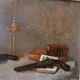 Oil painting on faesite books and lamp - signed 70s