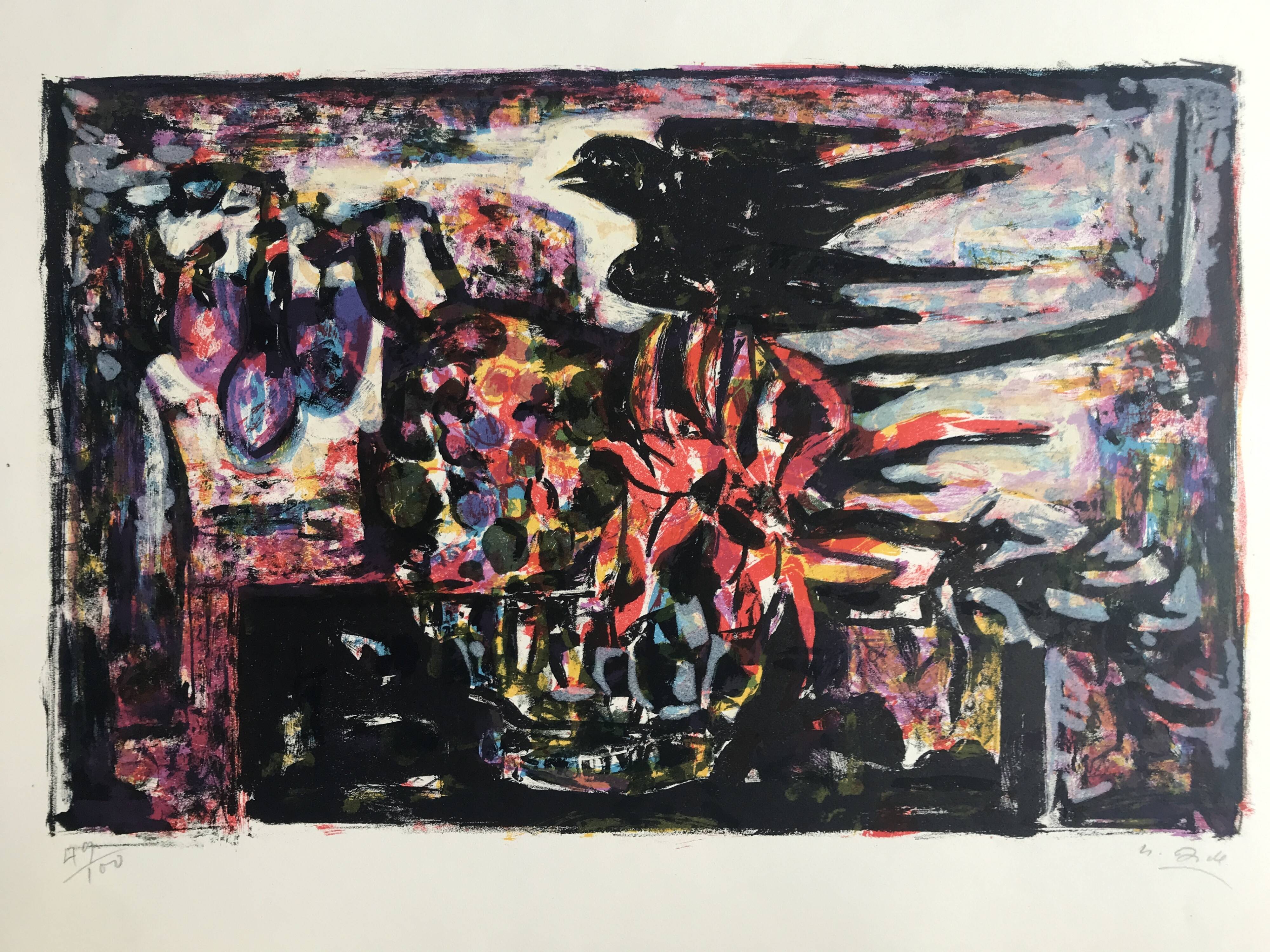 Yvette alde, flowers and birds, c 1950. lithograph signed in pencil