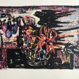 Yvette alde, flowers and birds, c 1950. lithograph signed in pencil