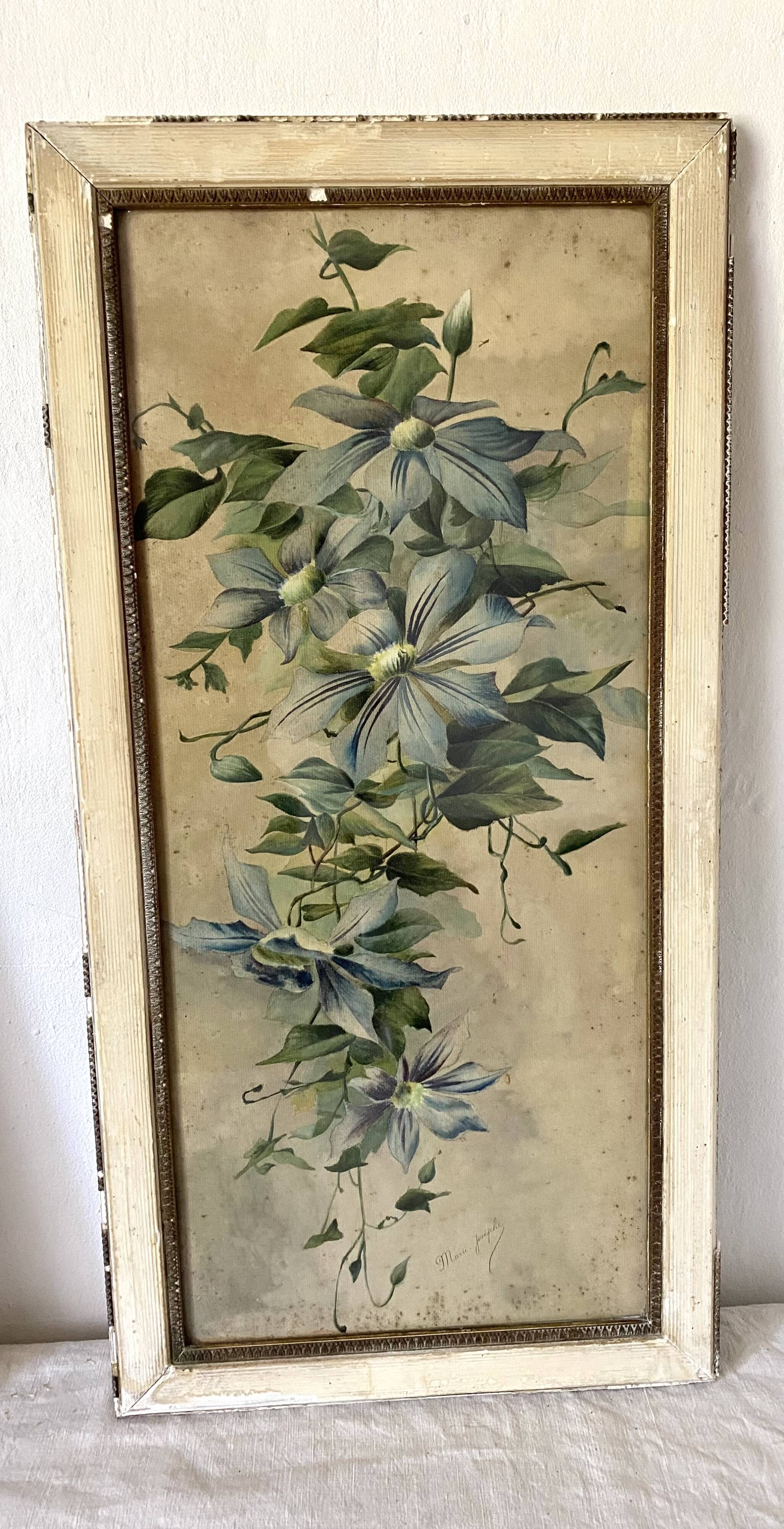 Triptych of old watercolors, flowers, 19th century