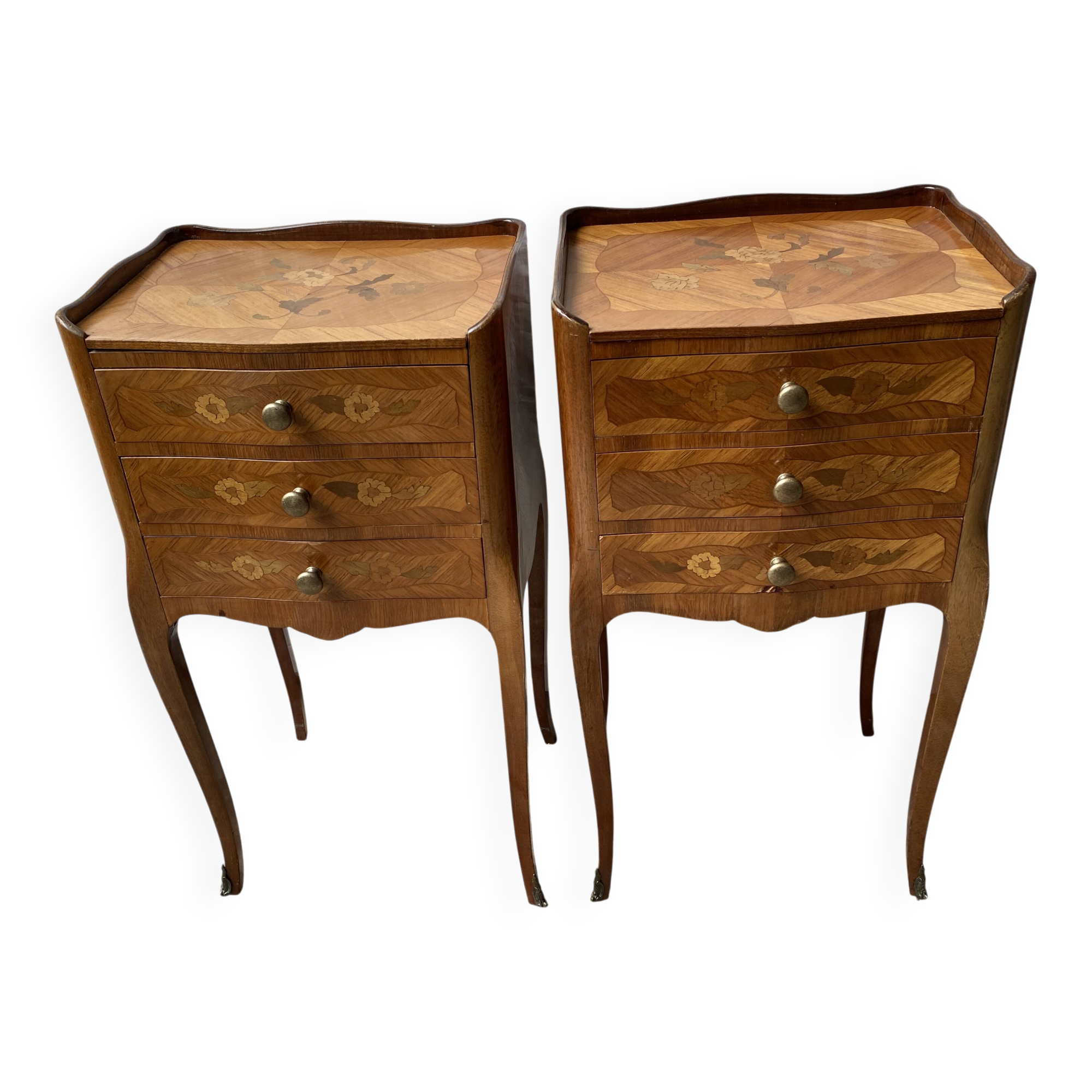 Pair of bedside tables/side tables in Louis XV style marquetry.