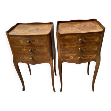 Pair of bedside tables/side tables in Louis XV style marquetry.