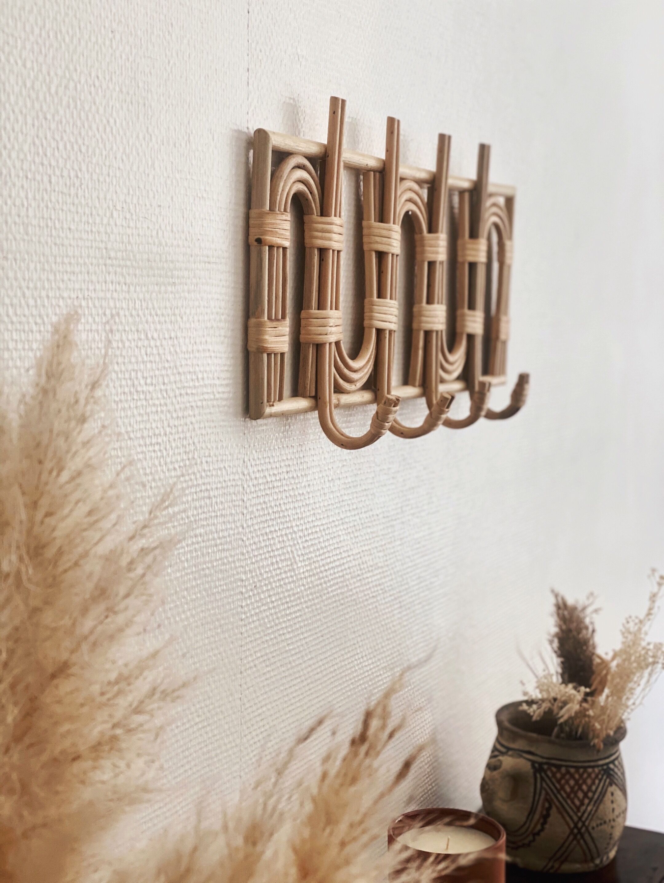 Patère coat holder in vintage can rattan canning bohemian rainbow