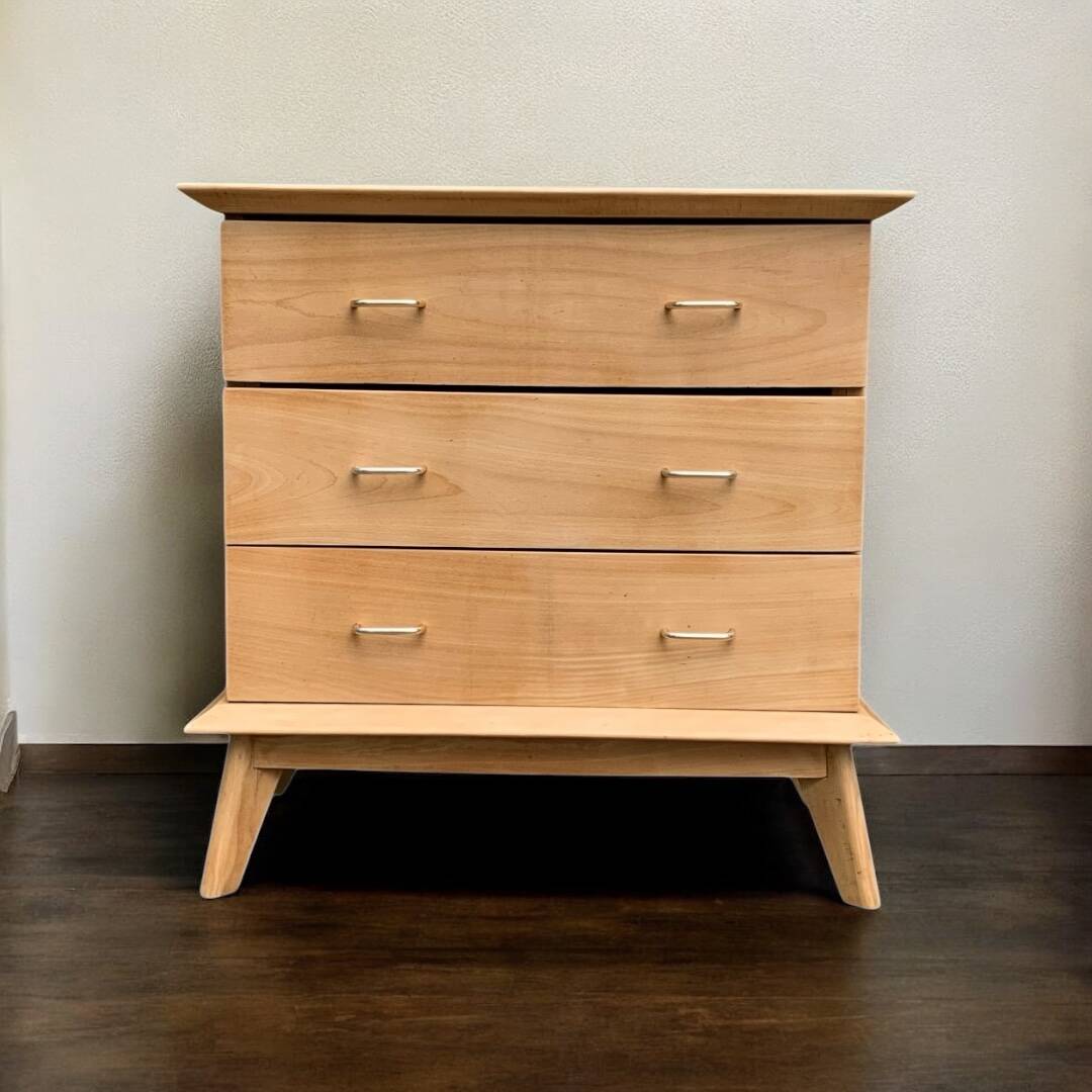 Vintage chest of drawers with compass feet, solid raw beech, 1960s
