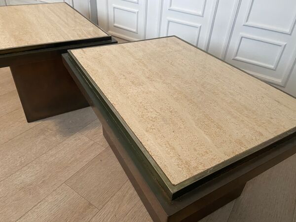 Paire de tables d’appoint belgo chrom en cuivre et travertin