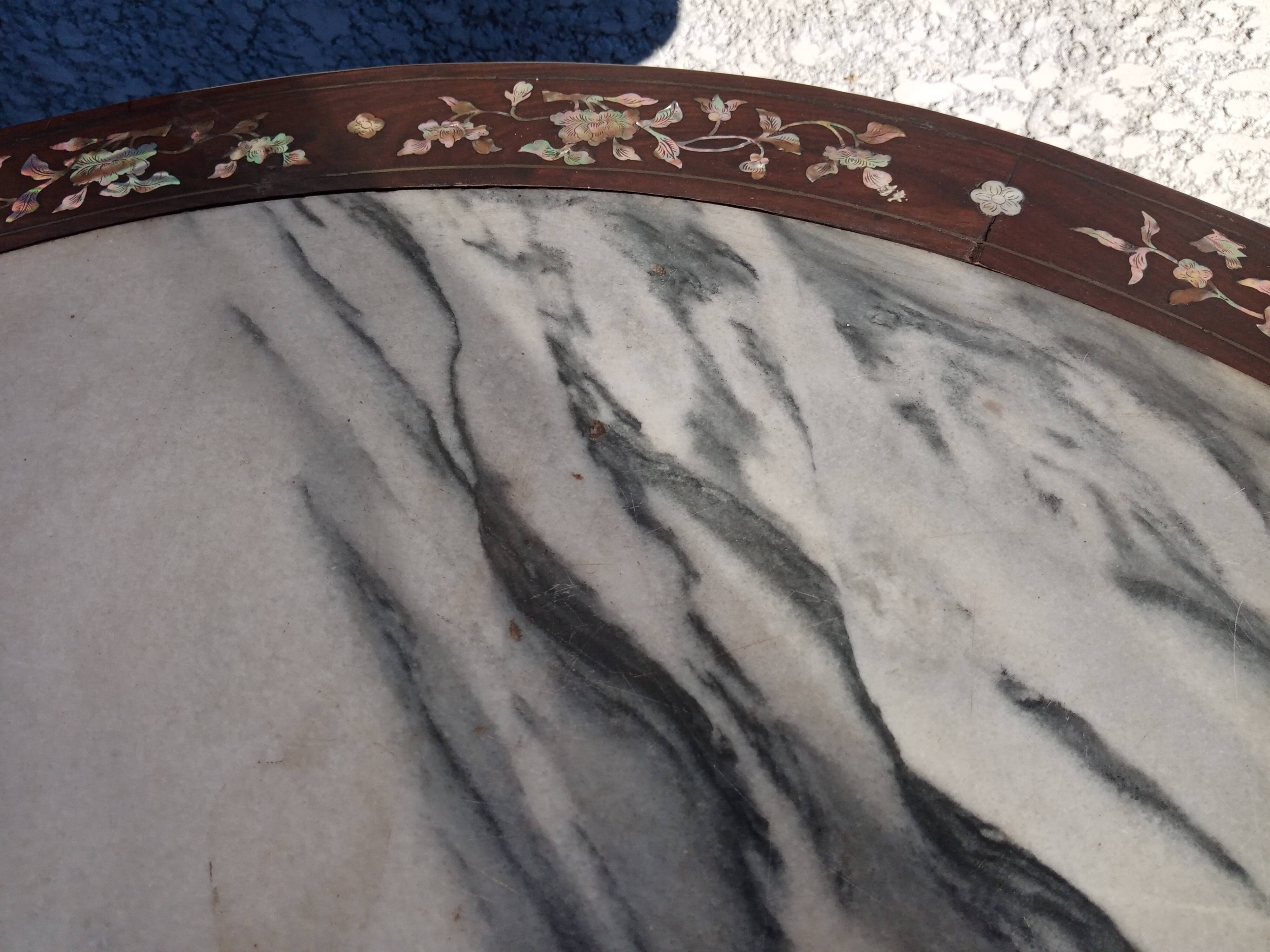 19th century Asian pedestal table with mother-of-pearl and brass inlay