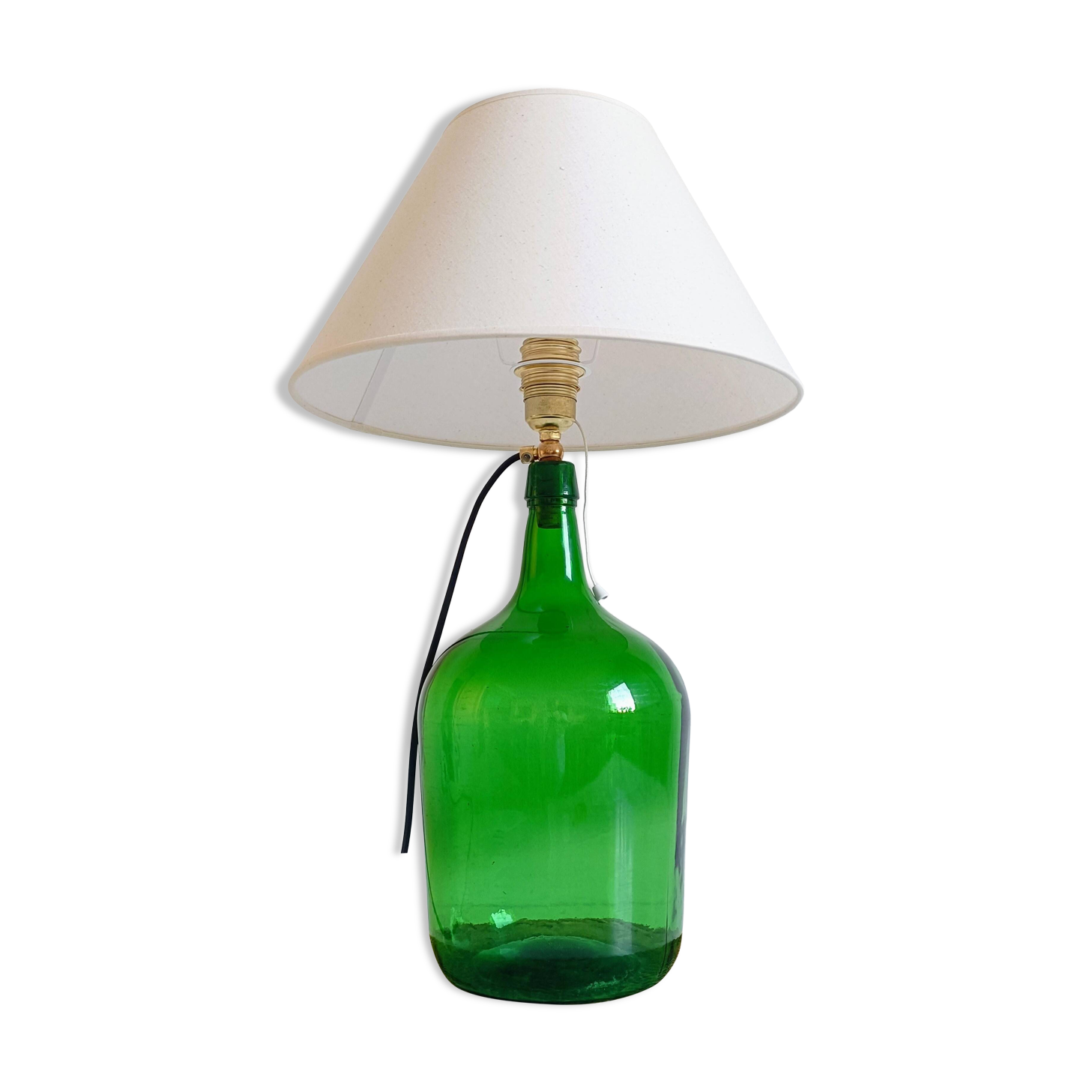 Mid-Century Green Glass Demijohn Table Lamp, Brass Fittings, Contemporary Shade