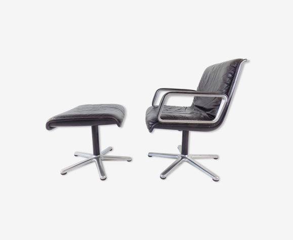 Wilkhahn Delta black leather armchair with ottoman by Delta Design