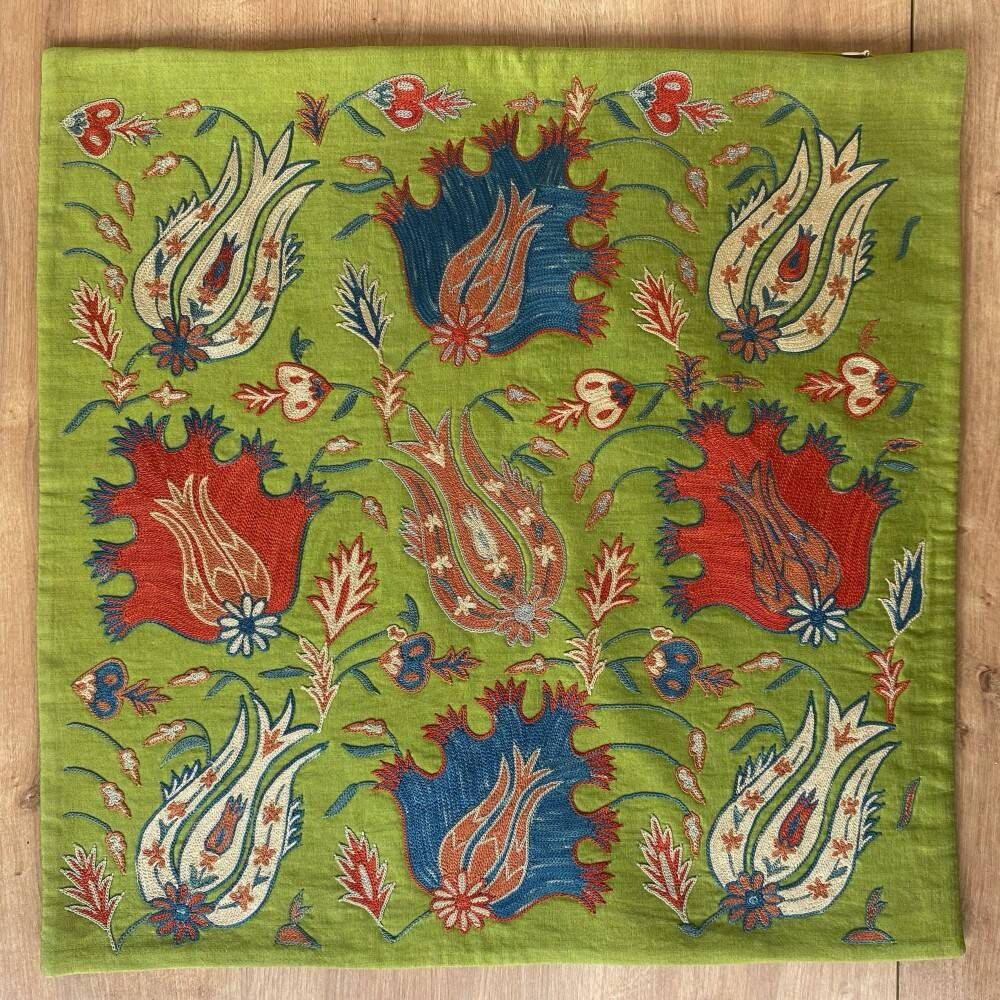 Silk Embroidered Floral Cushion Cover. Green Pillow Cover. Uzbek Suzani Throw Pillow. Traditional Accent Pillow