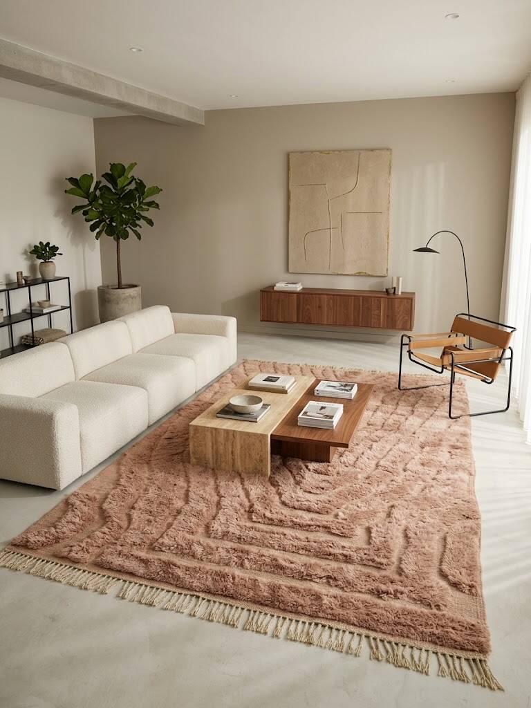 Mrirt carpet in camel/powder pink with textured abstract patterns.