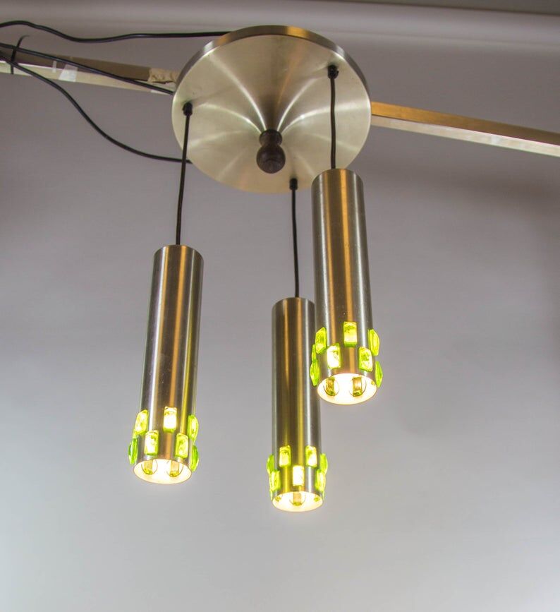 Ceiling lamp with 3 branches aluminum and glass 60s