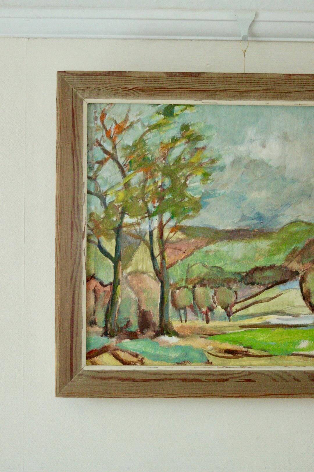 Huile sur panneau suédoise originale du milieu du siècle « Paysage avec arbres »