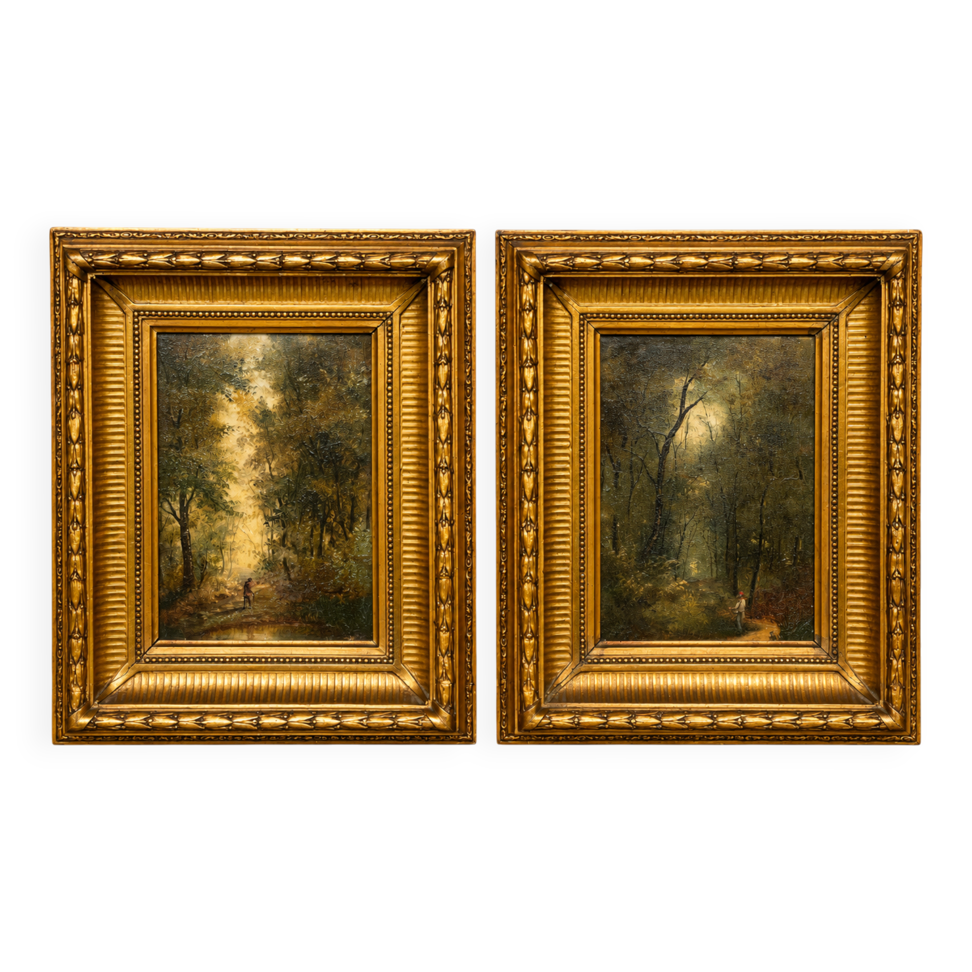Paire de peintures "Paysage forestier" sur panneau de bois.