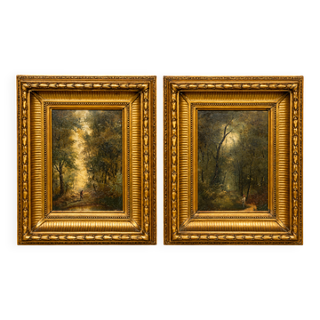 Paire de peintures "Paysage forestier" sur panneau de bois.