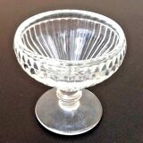 6 footed ice cream bowls, ribbed transparent glass, Made in France.