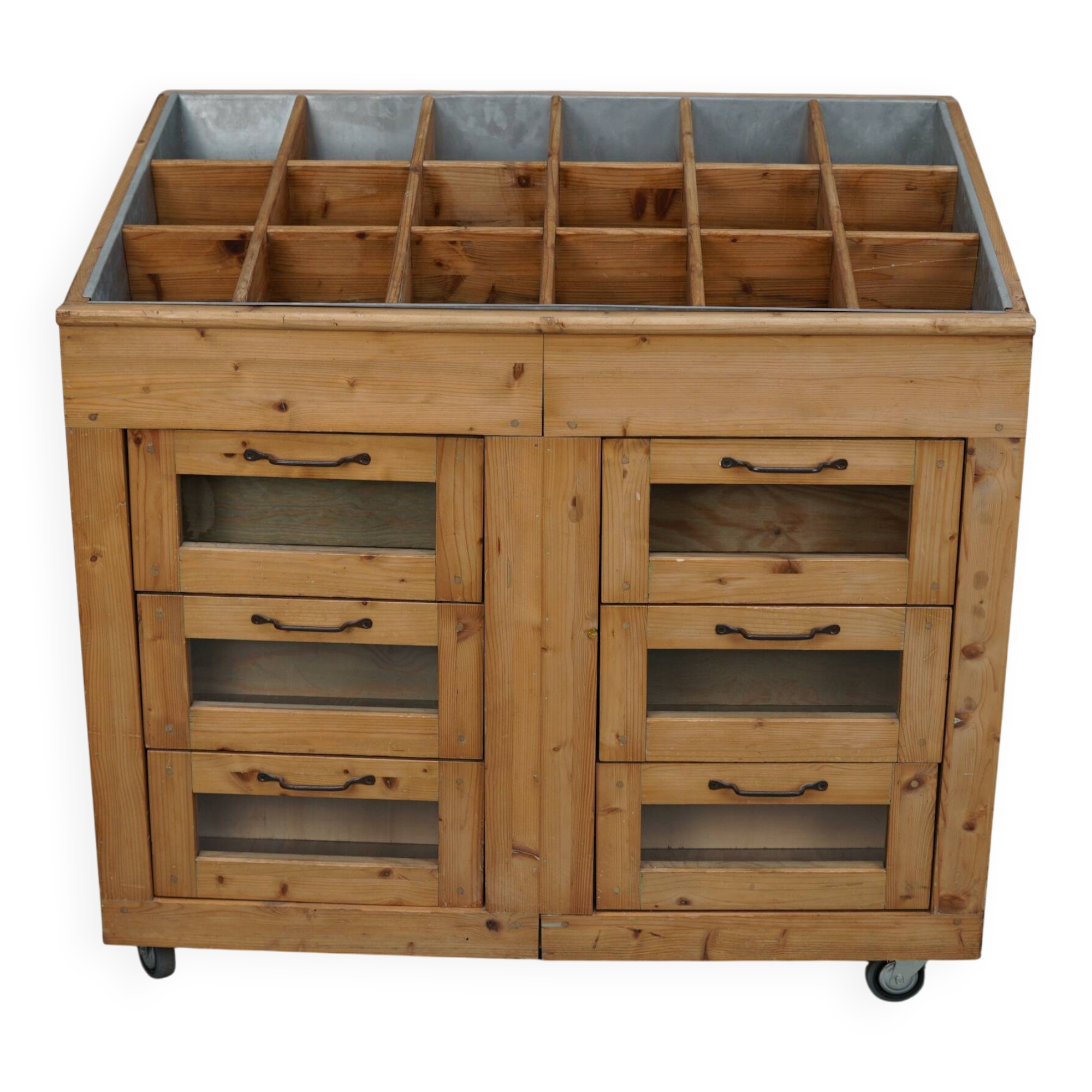 Vintage Dutch Pine Haberdashery Shop Cabinet with Glass Fronts